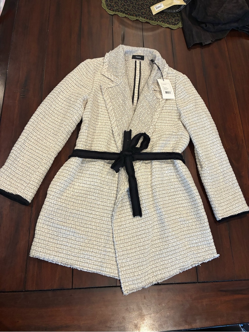 Theory Cream Textured Belted Blazer with Black Trim
